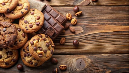Closeup view of cookies with chocolate and nuts on a wooden table , cookies, chocolate, nuts, closeup, delicious, sweet