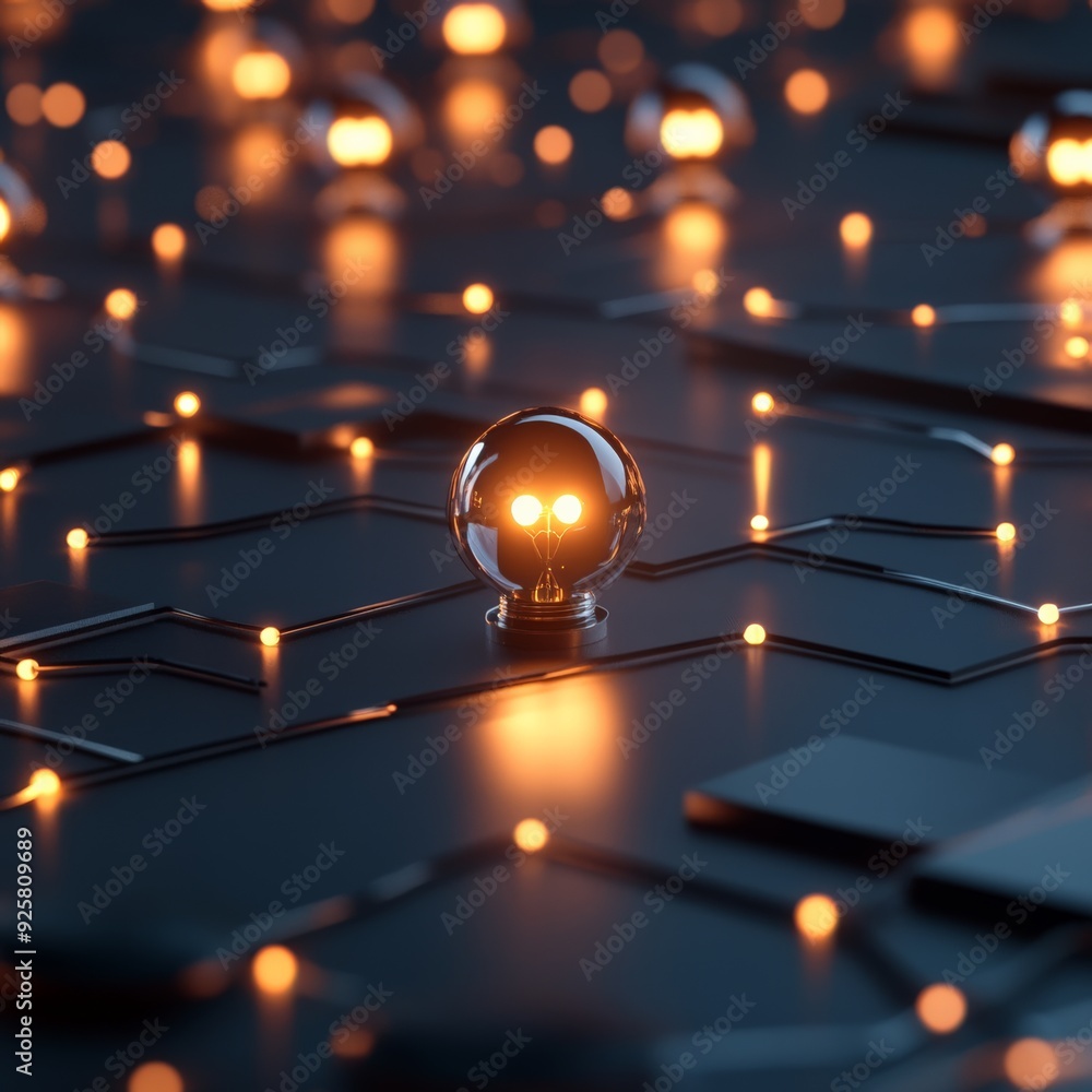 Poster futuristic circuit board with glowing lights and a central illuminated sphere, representing advanced