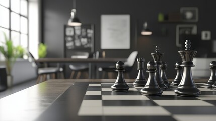 A chessboard in a minimalist office setting, representing clean and precise planning