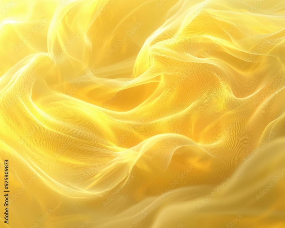 Poster 3d abstract background with swirling yellow shapes enveloped in a soft, smog-like haze, creating a d