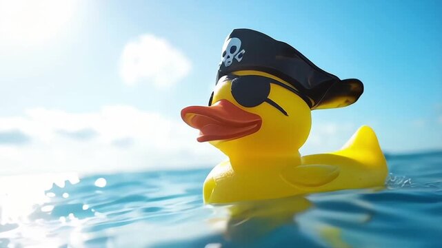 a yellow rubber duck wearing a pirate hat and an eye patch, floating in the blue ocean