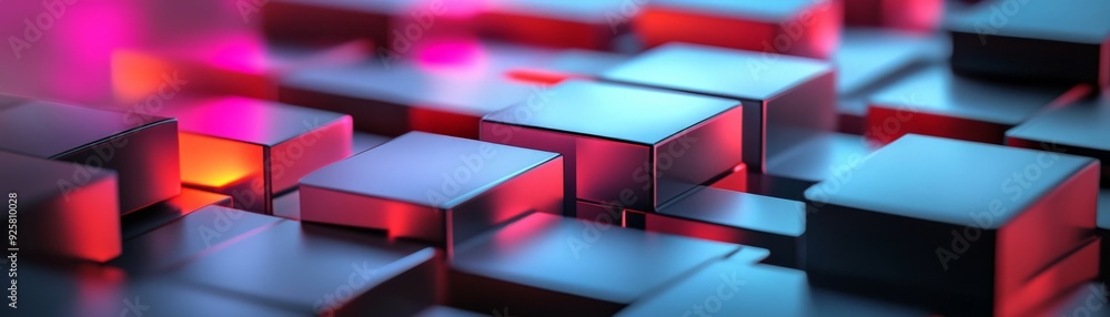 Poster futuristic 3d rendering of abstract geometric shapes with vibrant lighting and glowing effects in sh