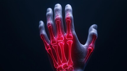 Closeup of finger pain, red glowing joints, dark background, high detail medical visualization
