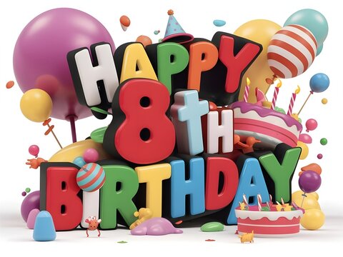 Happy 8th birthday with colorful 3D letters