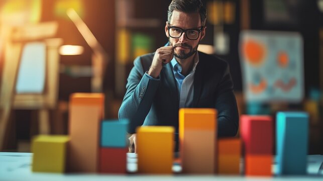 Focused businessman analyzing colorful bar graphs in modern office, representing data analytics and business strategy.