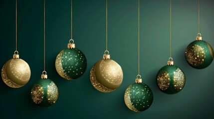 Merry Christmas and Happy New Year festive background. Realistic hanging green and golden Christmas balls. Xmas vector banner, social networks, web header