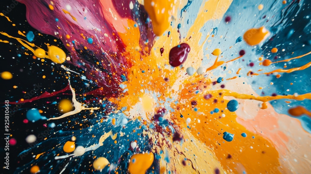 Poster dynamic explosion of colorful paint splashes on a dark background, showcasing vibrant mix in an abst