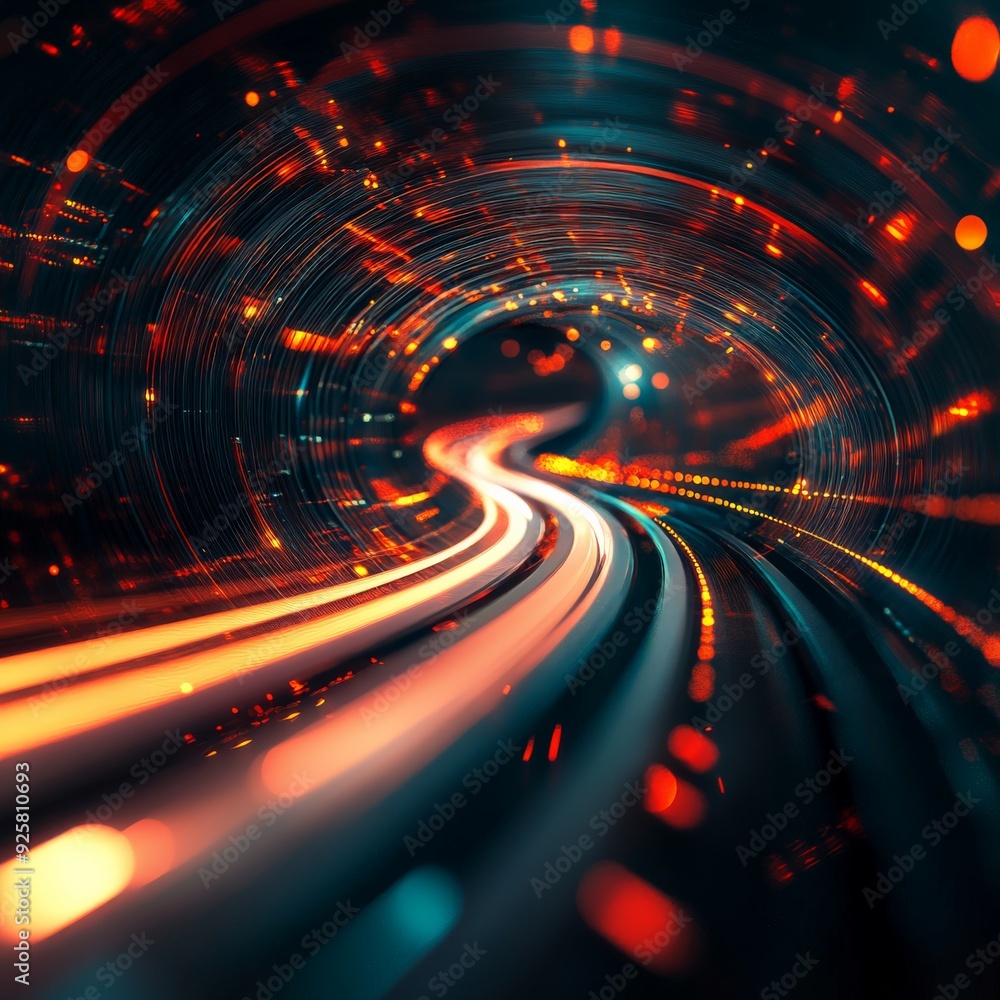 Poster dynamic abstract background featuring vibrant streaks of light in a swirling pattern, conveying spee