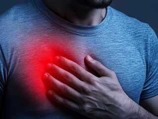Fototapeta premium Intense chest muscle pain, closeup, glowing red highlight, dark background, medical focus