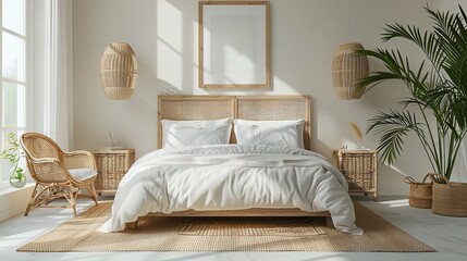 Gallery wall mockup in bright bedroom interior background with rattan wooden furniture