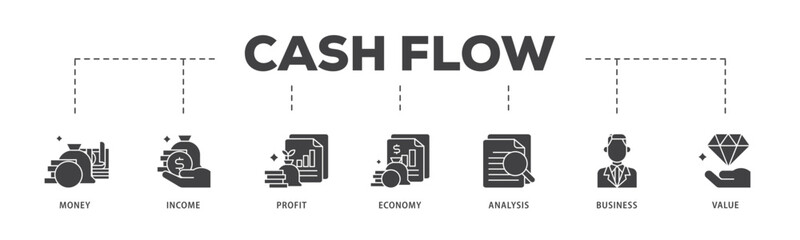Cash flow icon infographic illustration concept with icon of money, income, profit, economy, analysis, business, and value icon live stroke and easy to edit 