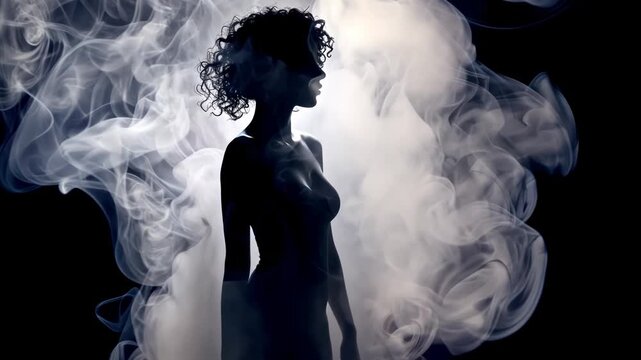 black and white portrait of Beautiful silhouette woman with smoke cigarette, Retro style portrait Shadow