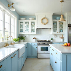 Fototapeta premium Fresh Blue and White Farmhouse Kitchen with Rustic Accents