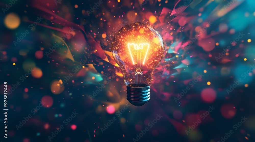 Wall mural Colorful glowing light bulb amidst vibrant abstract background, symbolizing innovation, creativity, and bright ideas in a surreal art concept.