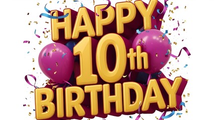 Happy 10th birthday with confetti and 3D numbers