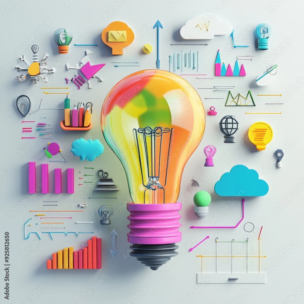 Poster colorful concept of creativity and innovation with a light bulb surrounded by various icons and data