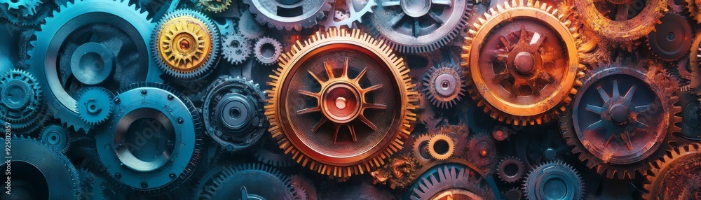 Poster colorful assortment of gears and cogs in various sizes showcasing intricate mechanical design, perfe