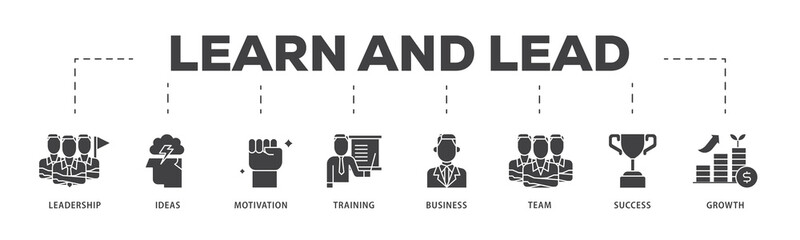 Learn and lead icon infographic illustration concept with icon of leadership, ideas, motivation, training, business, team, success, and growth icon live stroke and easy to edit 