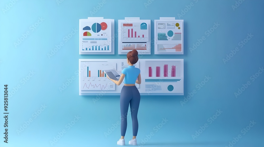 Poster professional working with data visualization dashboards in corporate workspace