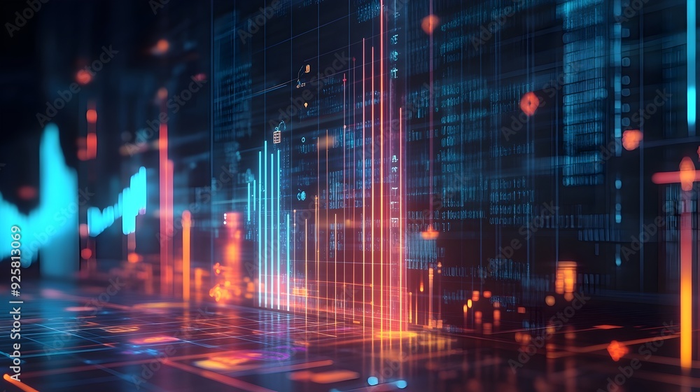 Poster futuristic digital data visualization with glowing infographic graphs and charts