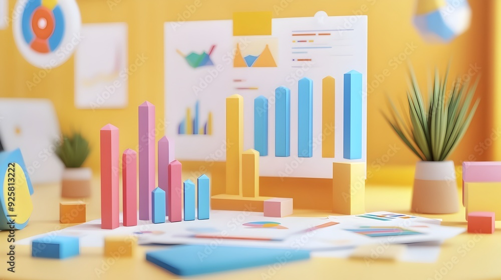 Poster colorful data analysis workspace with charts graphs and infographics