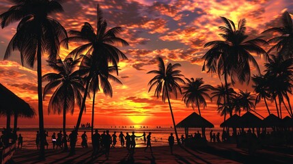 Fototapeta premium Lively tropical beach party at sunset with swaying palm trees and a vibrant, festive atmosphere.