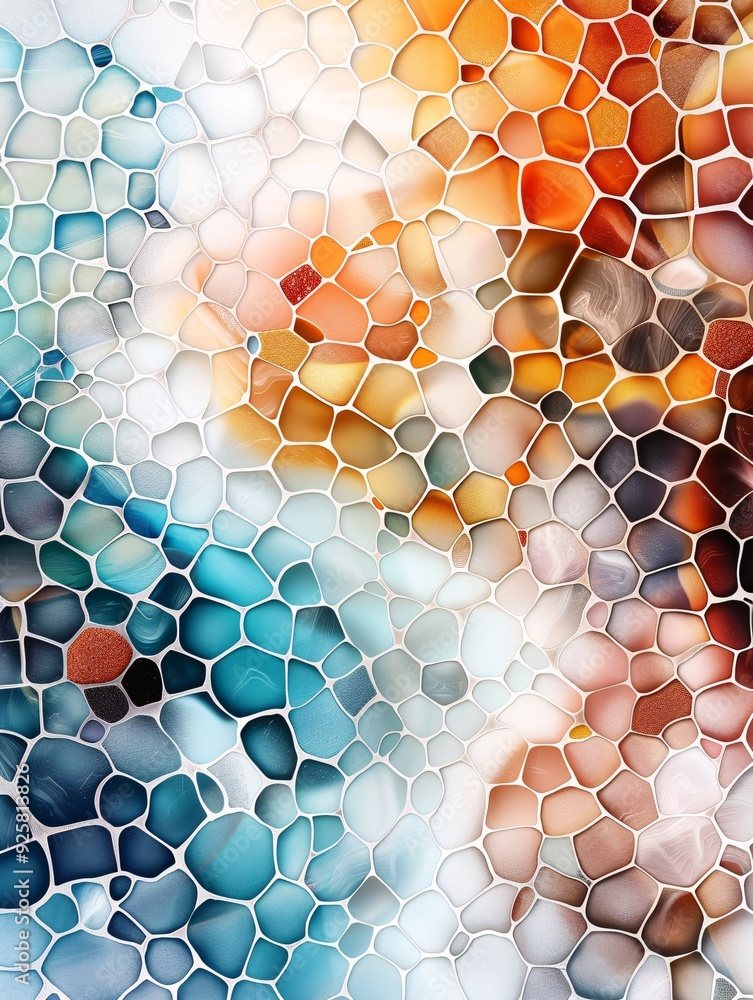 Poster an abstract background with mosaic-like patterns and vibrant colors, providing a visually stimulatin