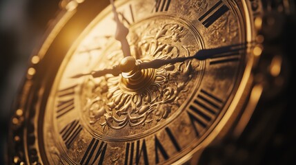 Naklejka premium Close-up view of a beautifully ornate antique clock face with intricate details and Roman numerals, illuminated by warm sunlight.
