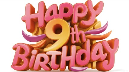 Happy 9th birthday with shiny gold text and balloons