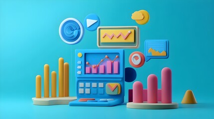 Colorful 3D Business Data Analytics with Graphs and Diagrams on Workspace