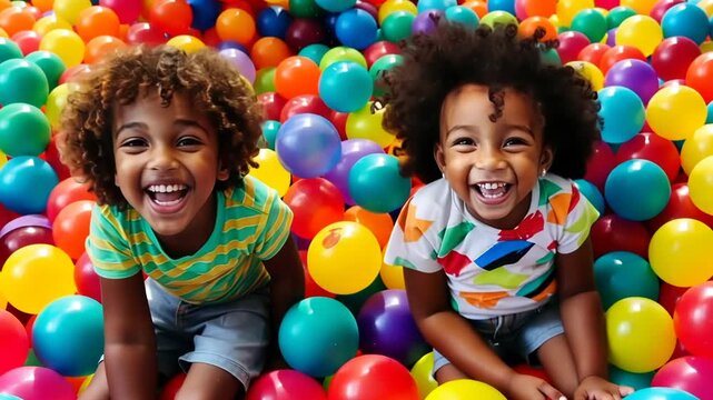 two laughing children boys having fun in ball pit on birthday party in kids amusement park and indoor play center, laughing, playing with colorful balls in playground ball pool