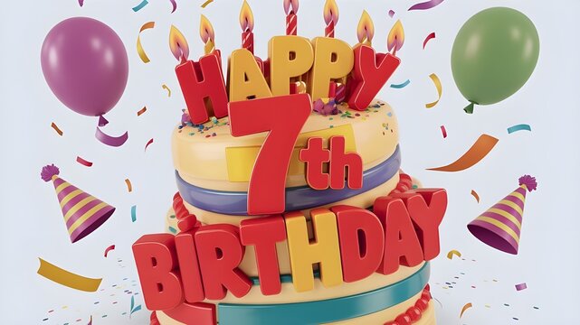 Happy 7th birthday with bright cake and candles