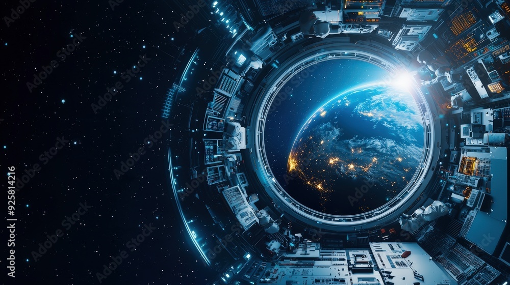 Poster within a space station, astronauts observe earth while floating in microgravity