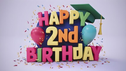 Happy 2nd birthday with confetti and balloons