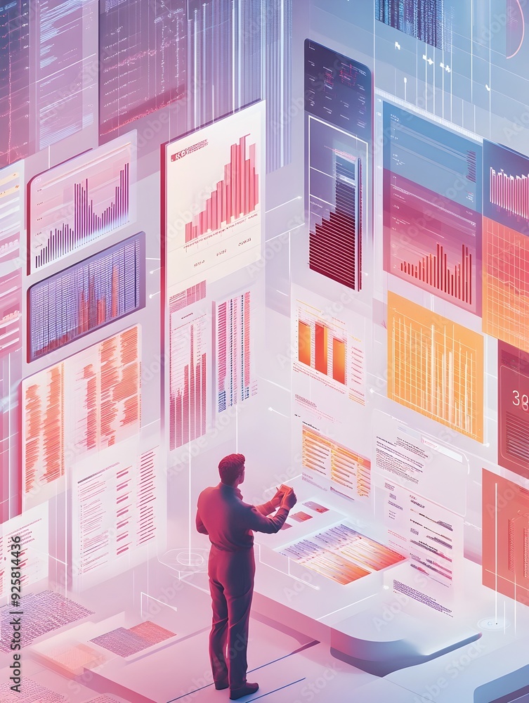 Poster futuristic data analytics and visualization interface showcasing digital technology and advancements
