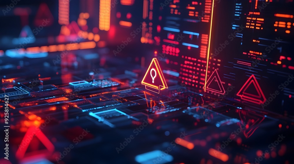 Poster futuristic digital interface with glowing geometric patterns and neon lights in cyberspace