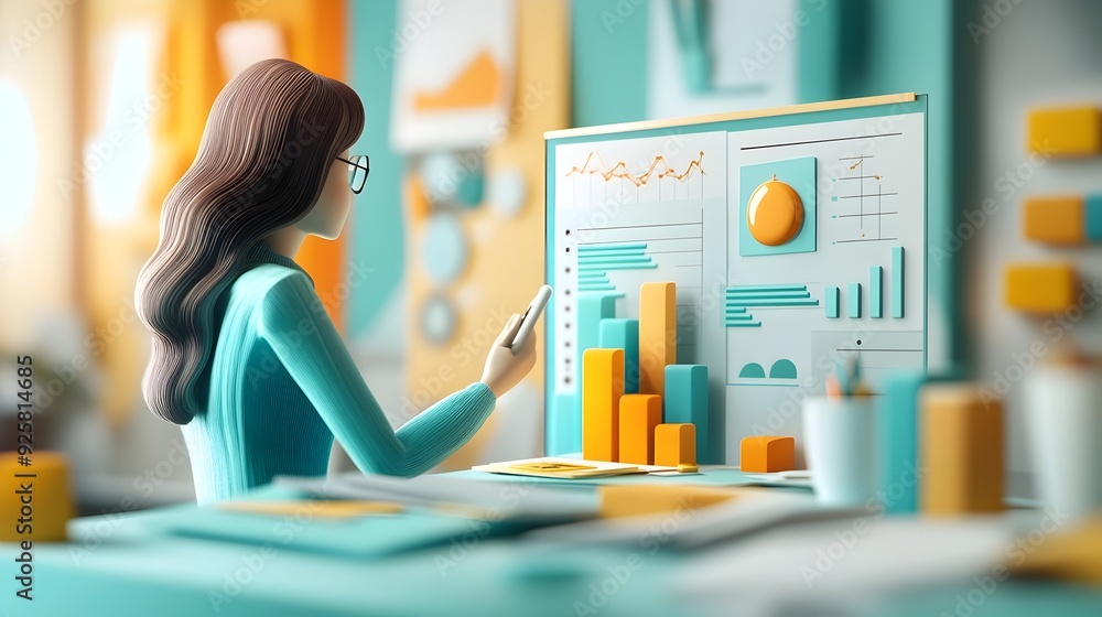 Poster woman analyzing business data and statistics on presentation dashboard
