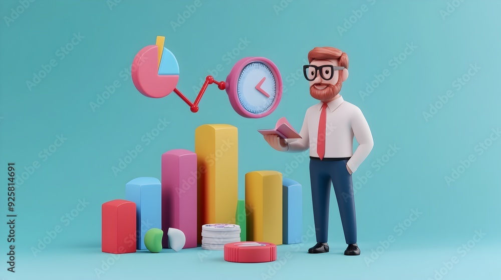 Poster business analytics presentation with colorful charts and graphs