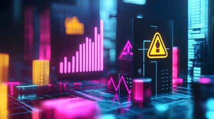 Glowing Futuristic Digital Data Analytics Dashboard with Warning Symbols