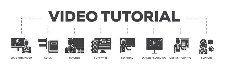 Video tutorial icon infographic illustration concept with icon of watching video, guide, teacher, software, learning, screen  recording, online training, support icon live stroke and easy to edit 