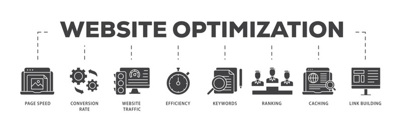 Website optimization icon infographic illustration concept with icon of page speed, conversion rate, website traffic, efficiency, keywords, ranking, caching  icon live stroke and easy to edit  © AFD