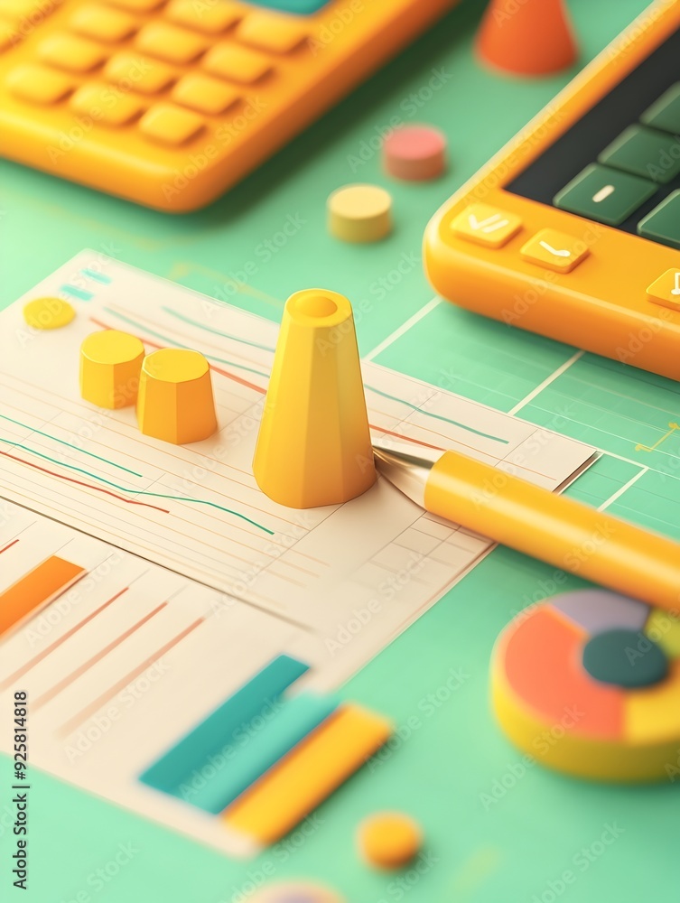 Poster financial analytics tools and business accounting concepts displayed on colorful desk surface