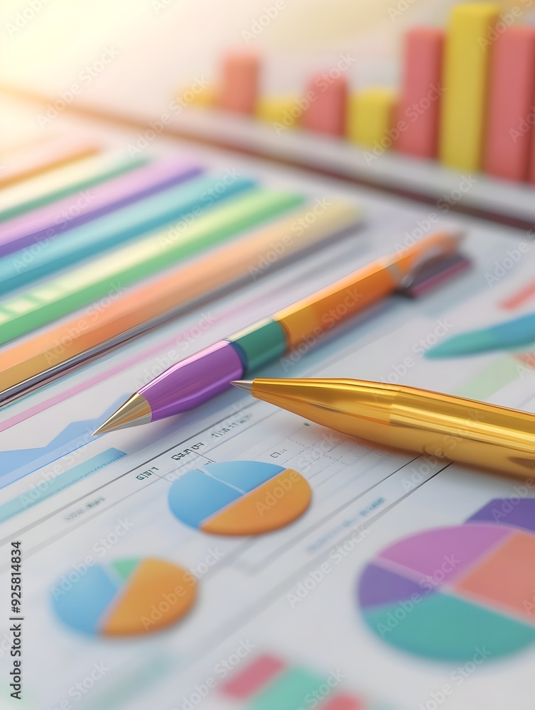 Poster colorful data visualization and business analytics tools on desk