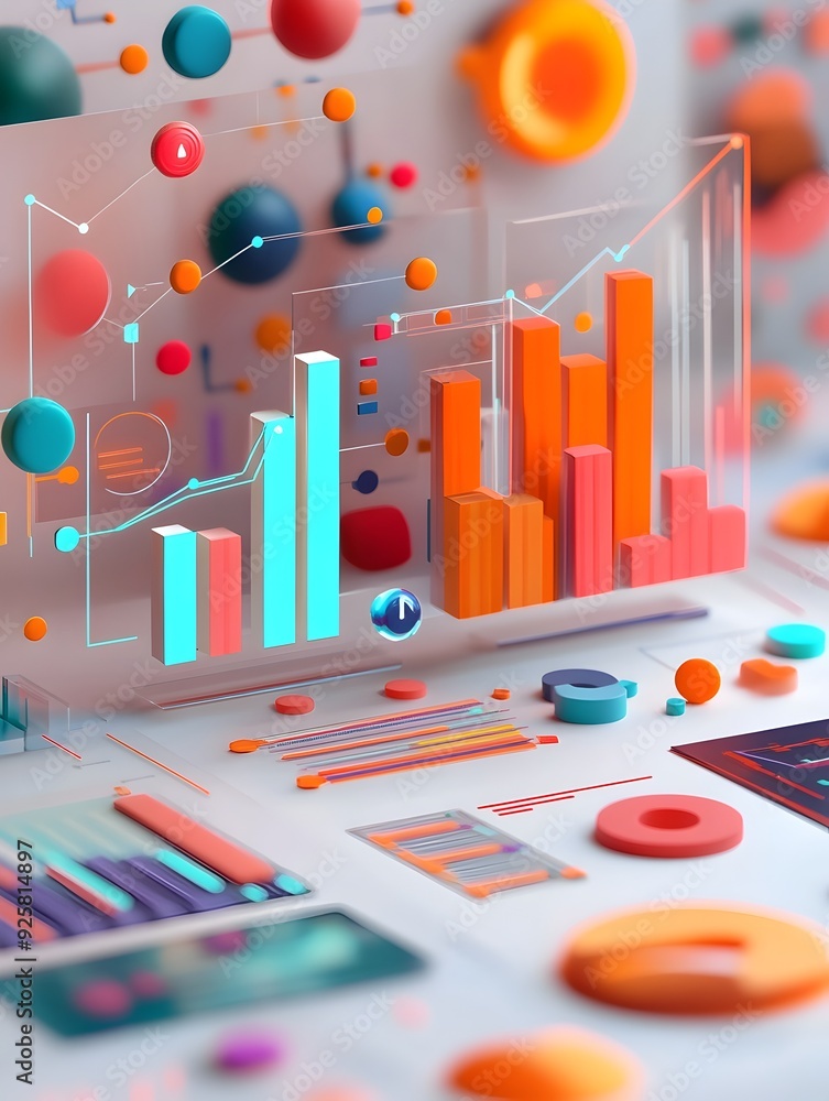 Poster vibrant data analytics dashboard with futuristic 3d infographic visualizations