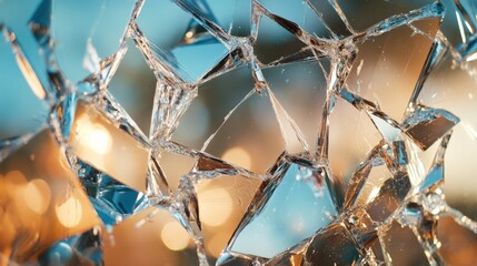 Close-up of shattered glass fragments with blue and gold lighting, creating an abstract and reflective texture, ideal for creative backgrounds.
