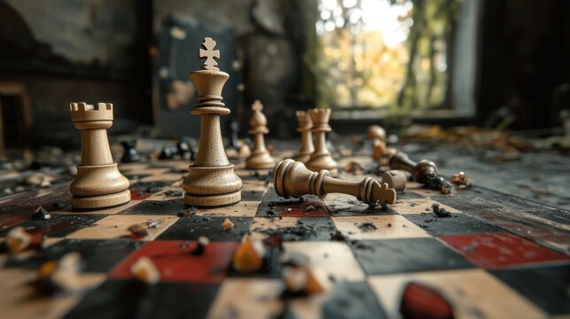 A chessboard with pieces scattered after a game, representing the evaluation of a completed strategic plan