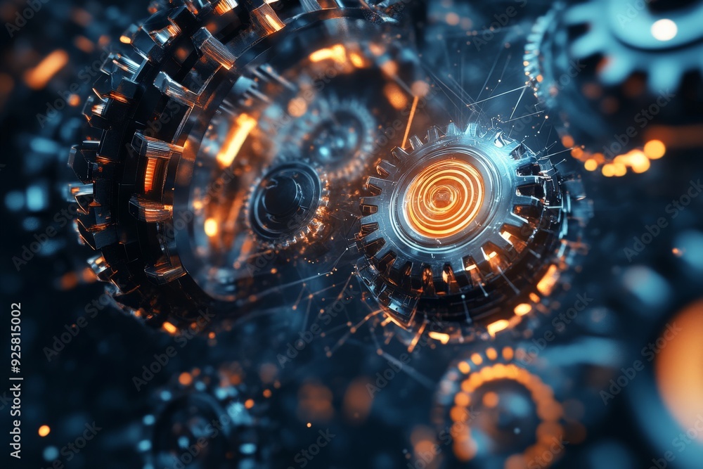 Poster close-up of intricate mechanical gears with glowing illumination, showcasing industrial precision an