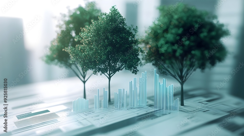 Poster futuristic cityscape with abstract geometric architecture and financial data visualization