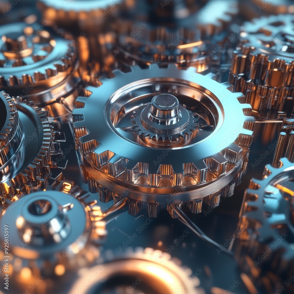 Poster close-up of interlocking metallic gears showcasing engineering and mechanical complexity, industrial