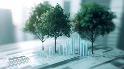 Futuristic Cityscape with Abstract Geometric Architecture and Financial Data Visualization